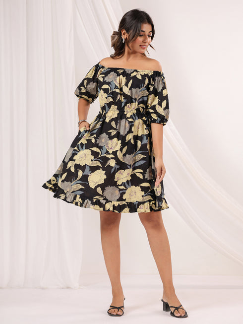 Janasya Women's Black Pure Cotton Floral Printed A-line Dress